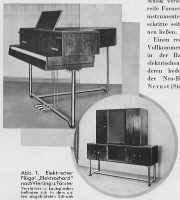 Abb. 1. Elektrischer Flügel "Elektrochord" nach Vierling u. Förster (Verstärker u. Lautsprecher befinden sich in dem unten abgebildeten Schrank)